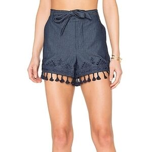 Parker Chambray Tassel Fringe Embroidered High Rise Shorts Coastal Festival